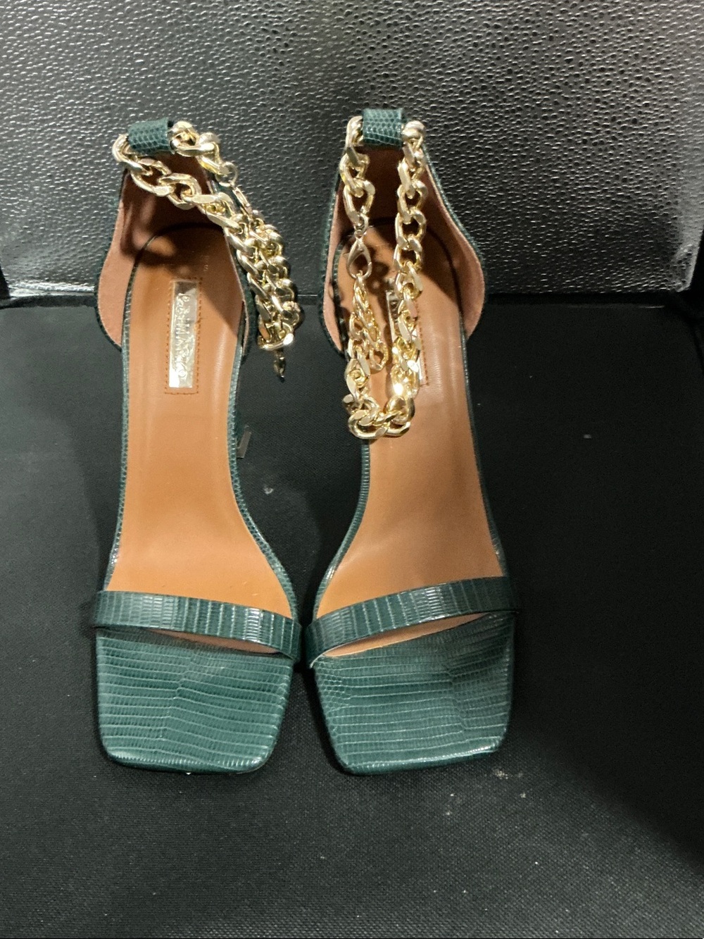 Primark Dark Green Lizard-Texture Heeled Sandals with Gold Chain